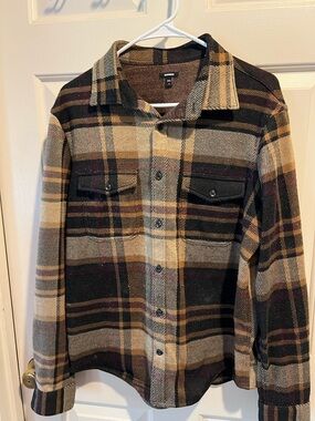 Express Brown and Black Plaid Knit Shacket